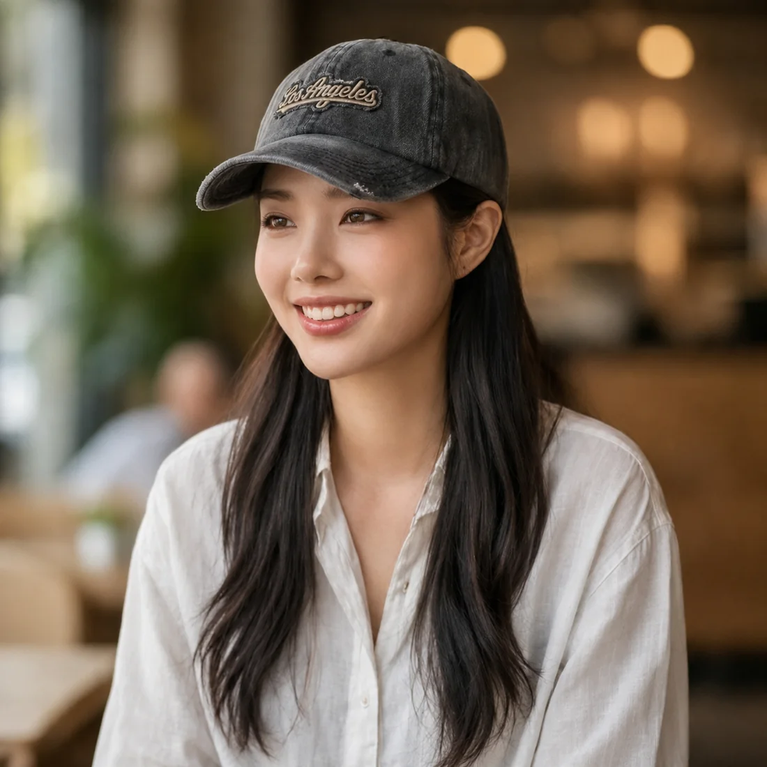 카페에서 태가 LA 워시드 캡을 쓴 여성